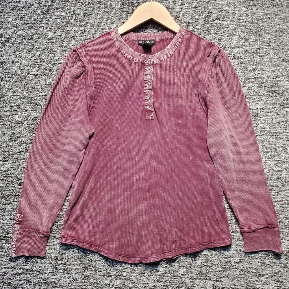 Design 365 Henley Top Womens Large Purple Mineral‎ Wash Waffle Knit Long Sleeve